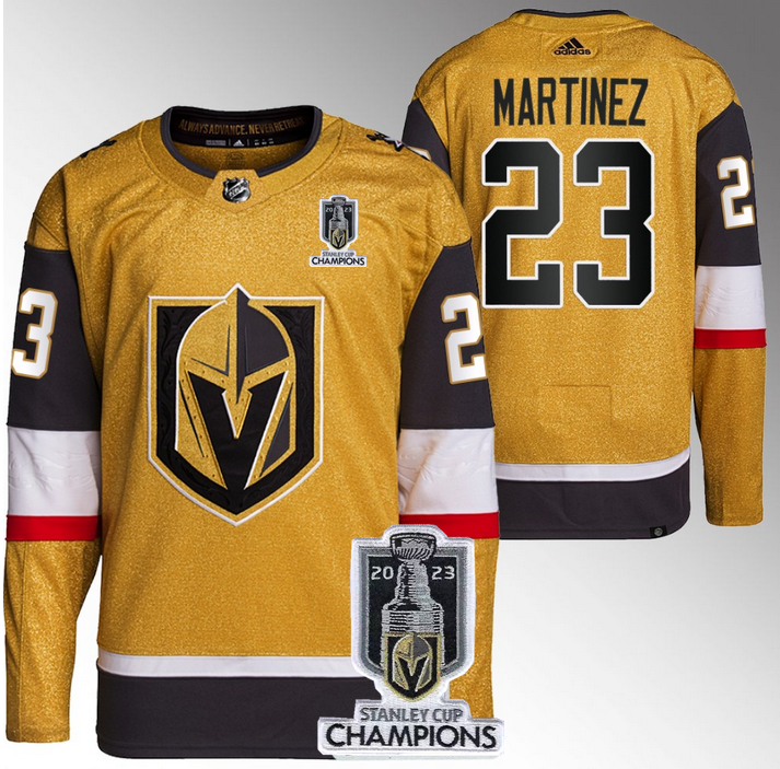 Men's Vegas Golden Knights #23 Alec Martinez Gold 2023 Stanley Cup Champions Stitched Jersey Men's Vegas Golden Knights #23 Alec Martinez Gold 2023 Stanley Cup Champions Stitched Jersey