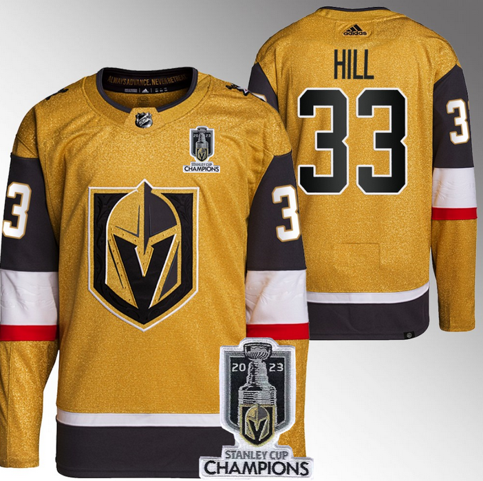 Men's Vegas Golden Knights #33 Adin Hill Gold 2023 Stanley Cup Champions Stitched Jersey Men's Vegas Golden Knights #33 Adin Hill Gold 2023 Stanley Cup Champions Stitched Jersey