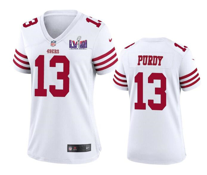 Women's San Francisco 49ers #13 Brock Purdy White Super Bowl LVIII Patch Stitched Jersey(Run Small) Women's San Francisco 49ers #13 Brock Purdy White Super Bowl LVIII Patch Stitched Jersey(Run Small)