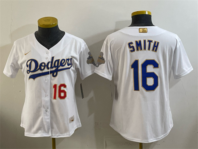 Youth Los Angeles Dodgers #16 Will Smith White 2026 Gold Collection Stadium Stitched Baseball Jersey Youth Los Angeles Dodgers #16 Will Smith White 2026 Gold Collection Stadium Stitched Baseball Jersey
