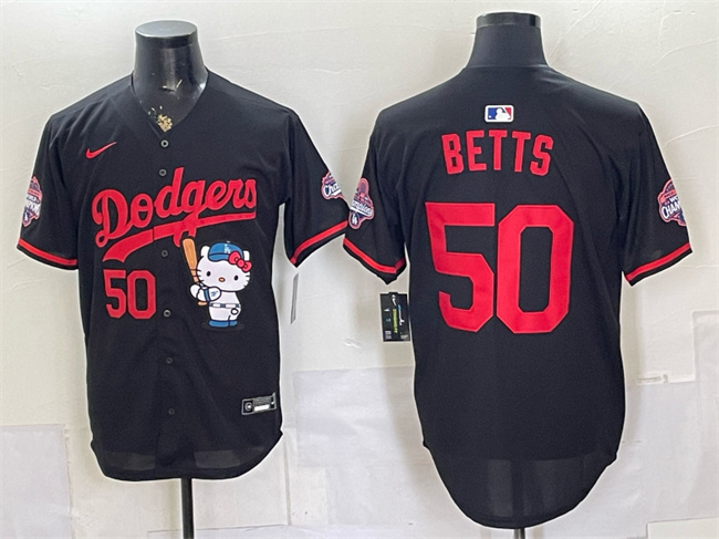 Men's Los Angeles Dodgers #50 Mookie Betts Black Hello Kitty Night 2025 World Series Champions Patch Stitched Baseball Jersey Men's Los Angeles Dodgers #50 Mookie Betts Black Hello Kitty Night 2025 World Series Champions Patch Stitched Baseball Jersey