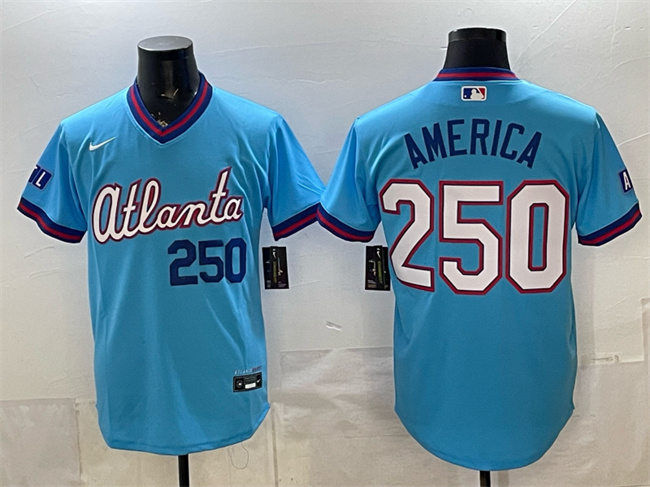 Men's Atlanta Braves #250 America Powder Blue 2026 City Connect Stadium Stitched Baseball Jersey Men's Atlanta Braves #250 America Powder Blue 2026 City Connect Stadium Stitched Baseball Jersey