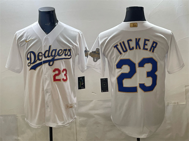 Men's Los Angeles Dodgers #23 Kyle Tucker White 2026 Gold Collection Stadium Stitched Baseball Jersey Men's Los Angeles Dodgers #23 Kyle Tucker White 2026 Gold Collection Stadium Stitched Baseball Jersey