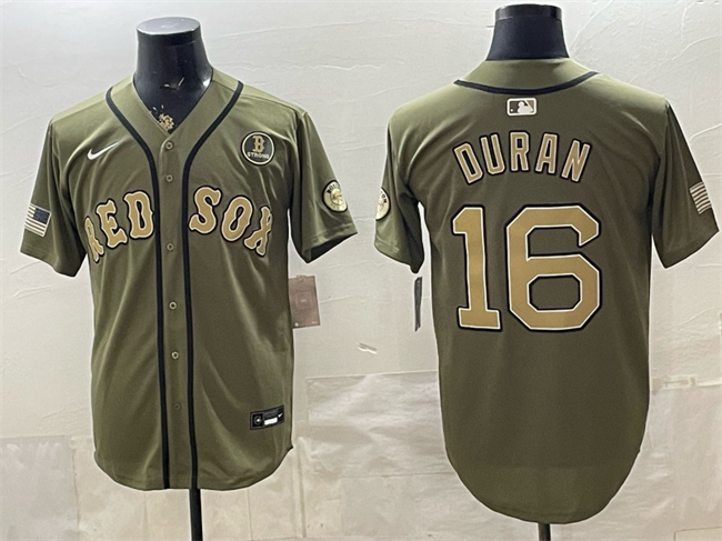 Men's Boston Red Sox #16 Jarren Duran Olive Armed Forces Day Cool Base Stitched Baseball