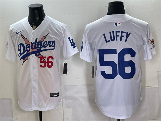 Men's Los Angeles Dodgers x One Piece #56 Luffy White Vapor Premier Limited Stitched Baseball Jersey Men's Los Angeles Dodgers x One Piece #56 Luffy White Vapor Premier Limited Stitched Baseball Jersey